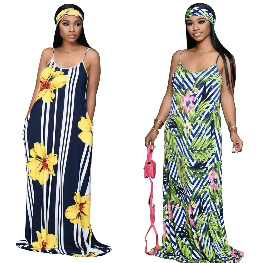 

High Quality Ladies Fashion Floral Printed Tropical Sleeveless Maxi Women Casual Hanging Bandwidth Loose Long Dresses, Blue