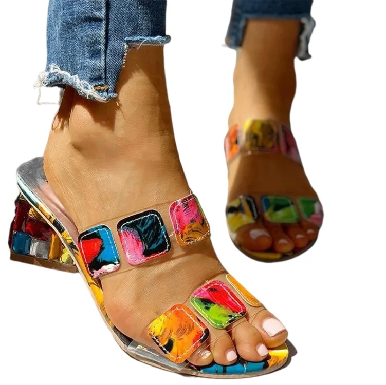 

2021 Coloured Diamond High Heels Nightclub Women Sexy Shoes Square High Heels Glass Cement Crystal Heel Sandals For Women