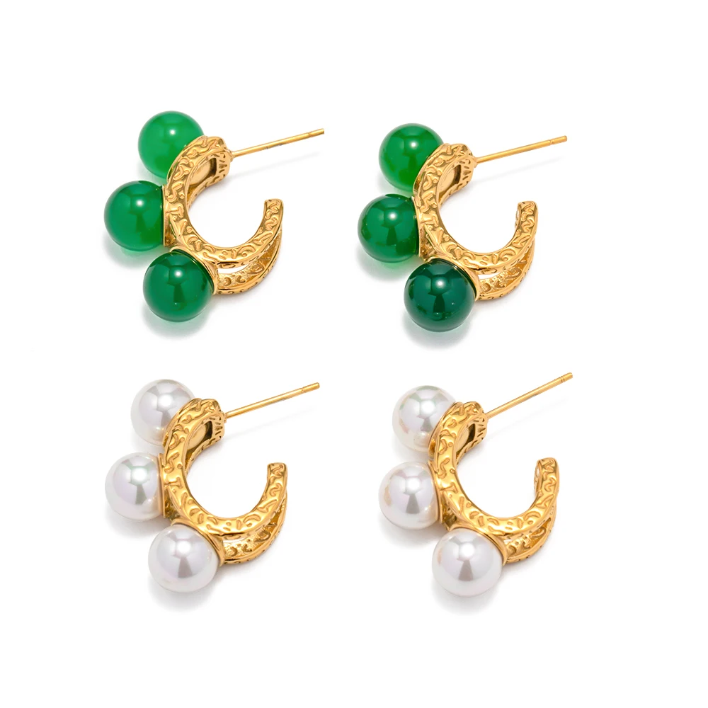 

New Arrival Stainless Steel Irregular Hammer Green Agate Stone Pearl CC Hoop Earring for Girls