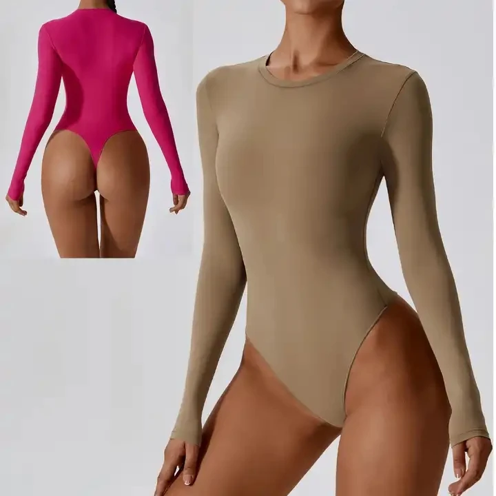 

2023 Long Sleeve Basic Design Slim Fitted Ballet One Piece Bodysuit Crew Neck Crotch Bottom Nylon Dancing Unitard for Women