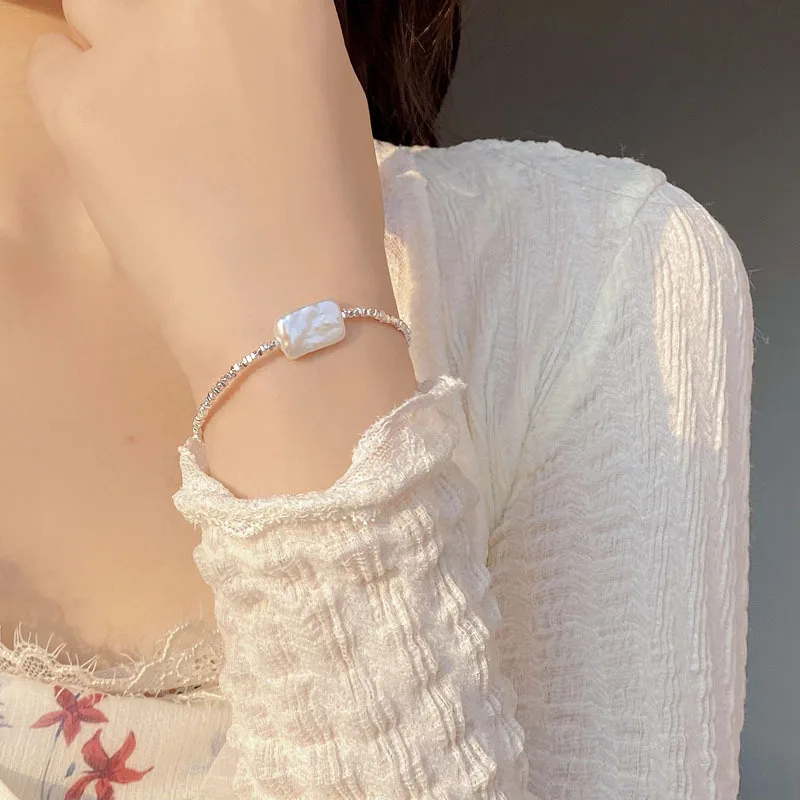 INS Fashion Jewelry 925 Silver Chain Bracelet for Women square Baroque Pearl Bracelet Broken Silver Hand Jewelry for Ladies