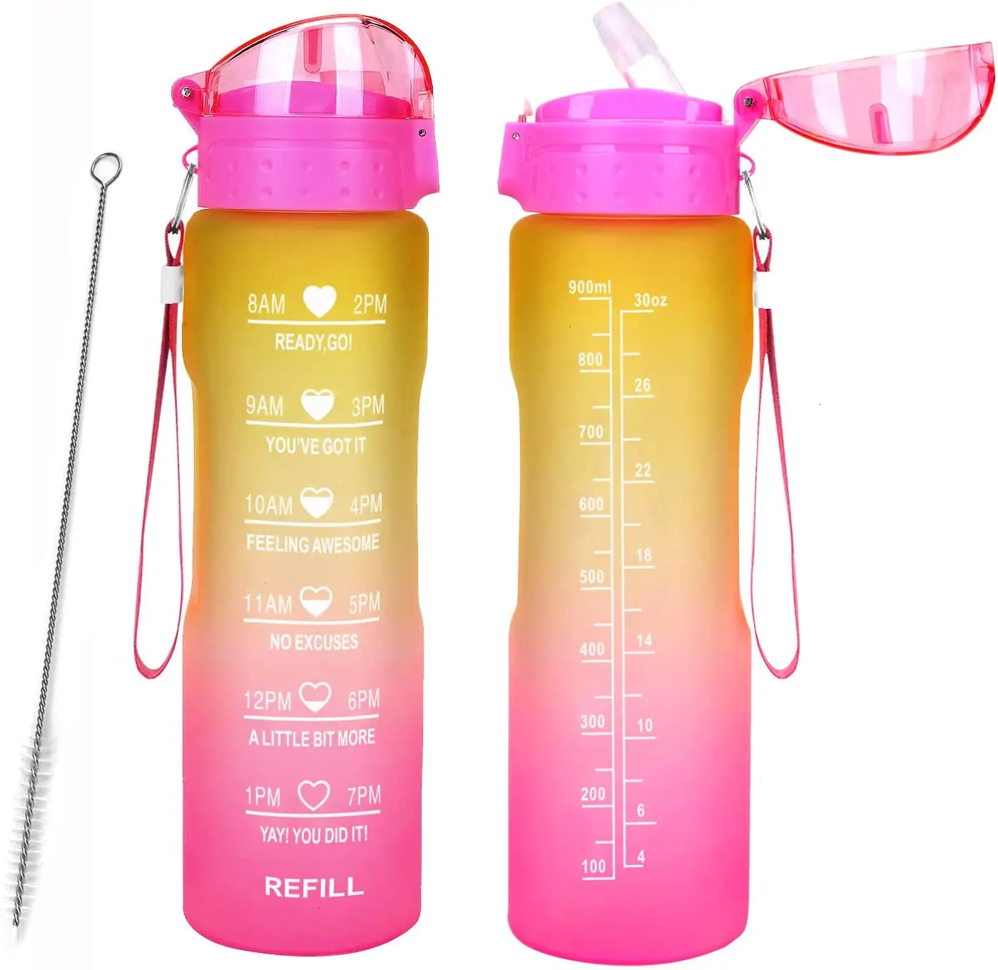 

BPA Free Portable 32oz tritan Plastic Water Bottle with Time Marker and Straw and brush, Customized colors acceptable