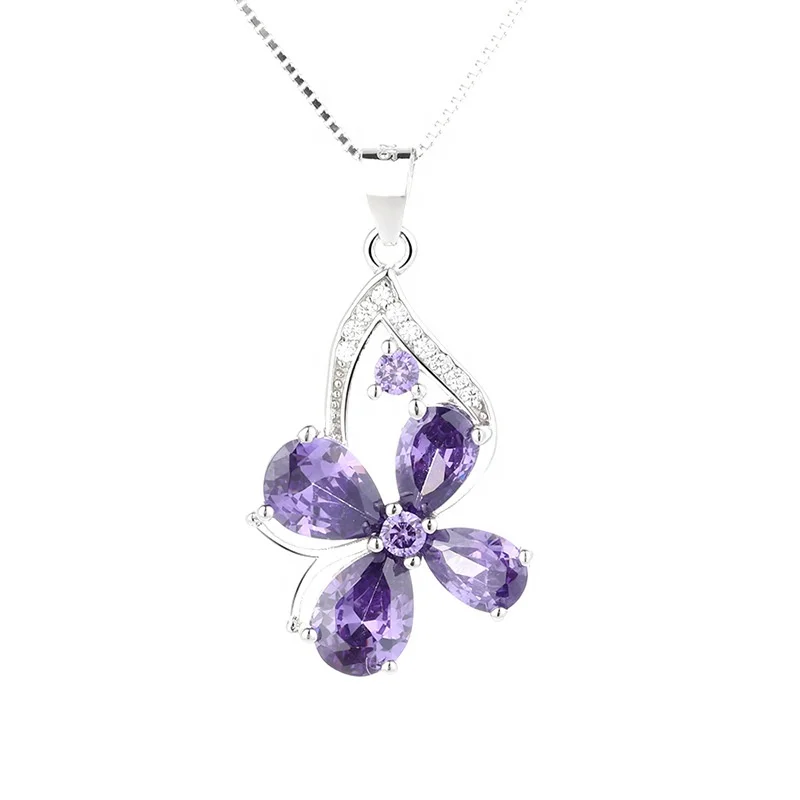 

Free Shipping Clover Purple Crystal Flower Jewelry 925 Sterling Silver Amethyst Pendant