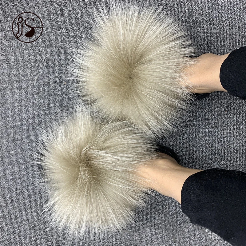 

Whole sale colorful raccoon fur slippers good quality women slippers indoor slides with long furry fur slippers, Picture