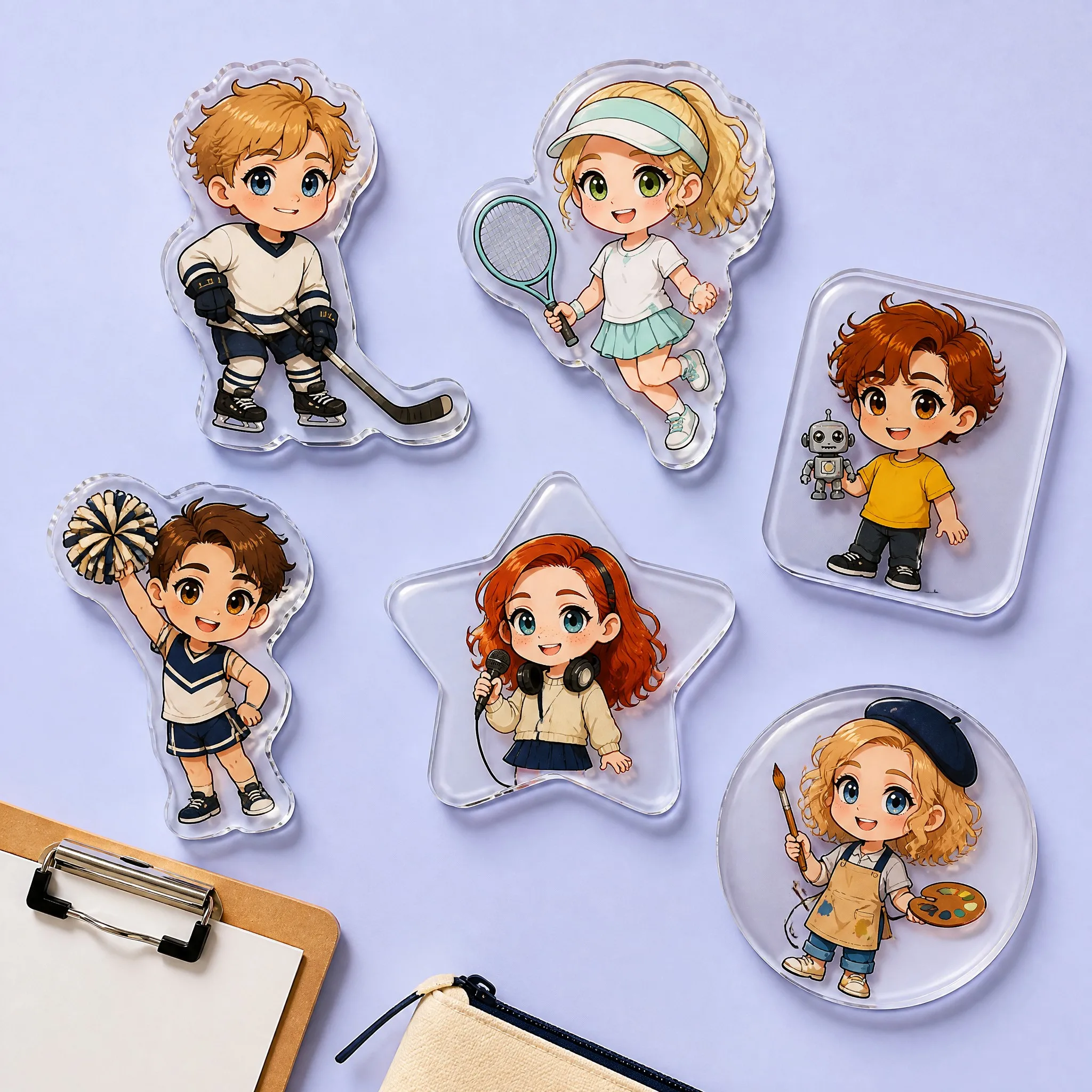 Multiple Acrylic Phone Grip Contour Frames: Ice Hockey Cut, Tennis Cut, Robotics Rounded Square, Cheerleader Boy Cut, Star-Shaped Idol Frame, Fine Art Painter Disc