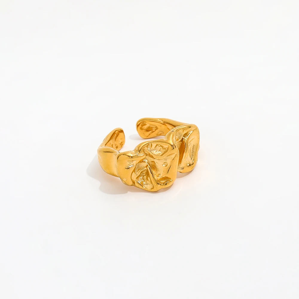 Joolim Jewelry Wholesale 18K Gold Plated Irregular Wrinkle Lava Stainless Steel Open Rings for Women Statement Rings