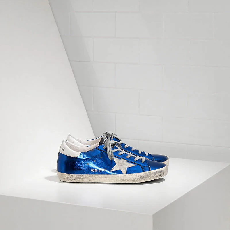 

Goldens SNEAKERS SUPER STAR IN PELLE E STELLA IN CAMOSCIO blue laminated white gooses Shoes, 20colors