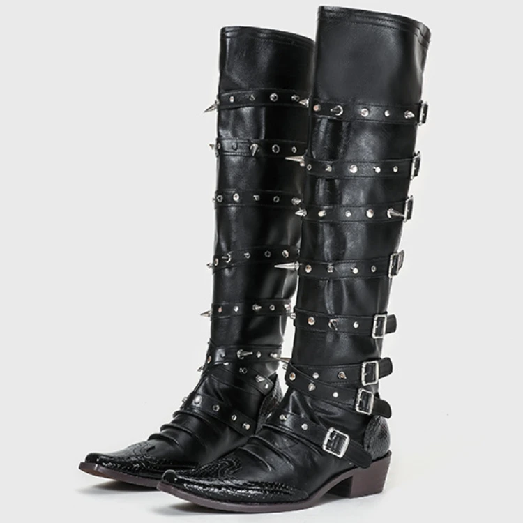 

Dropshipping Custom Logo Punk Goth Cowboy Boots Rivet Low Heels Point Design Belt Buckle Long Boots Women Shoes