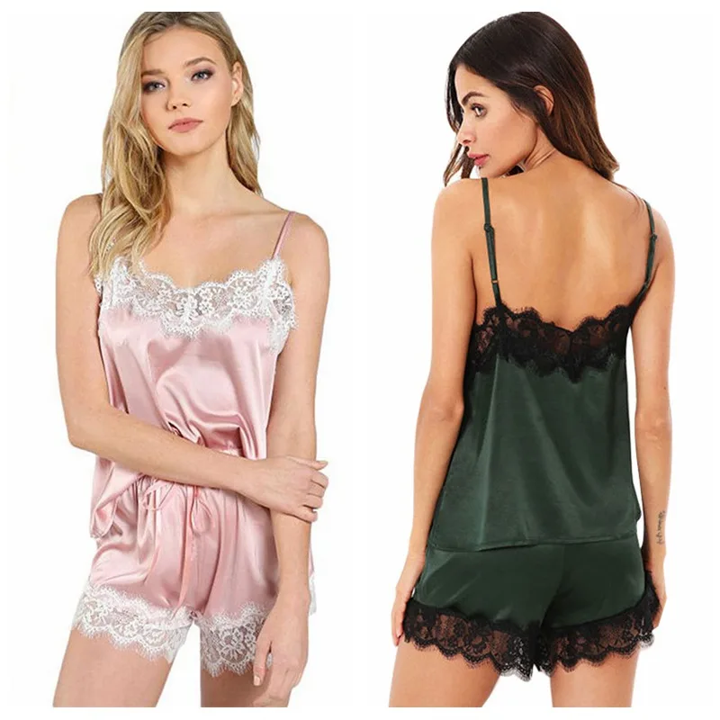 

Spaghetti Strap Lace Satin Cami Top and Shorts Pajama Set Womens Sleepwear Pajama Sets