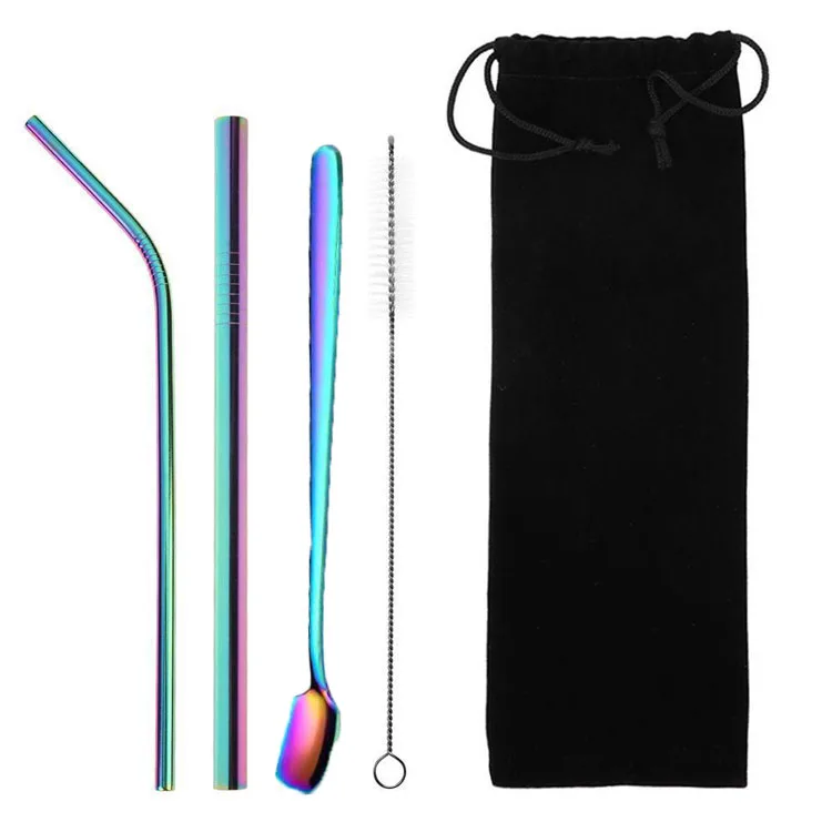 

Stainless Steel Straws Reusable Eco Friendly Straight Bent Drinking Bubble Tea Straws With Mixing Spoon And Cleaning Brush, Rainbow,blue,black,silver,golden,rose gold,purple