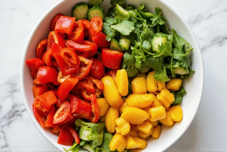 Colorful salad bowl with chopped red bell peppers, leafy greens, and other vegetables