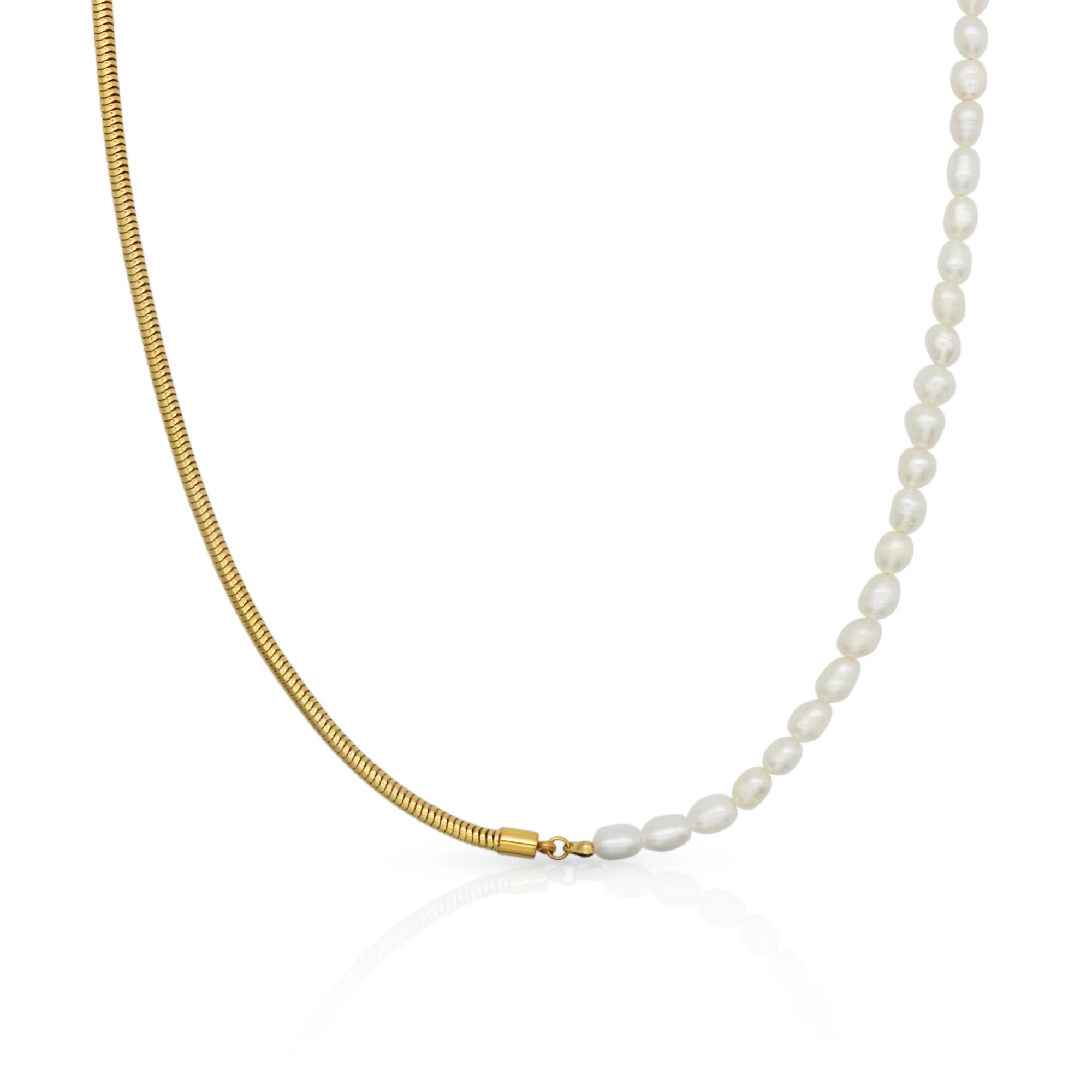 

Chris April PVD gold plated 316L stainless steel bohemian style half cultured freshwater pearl and round snake chain necklace