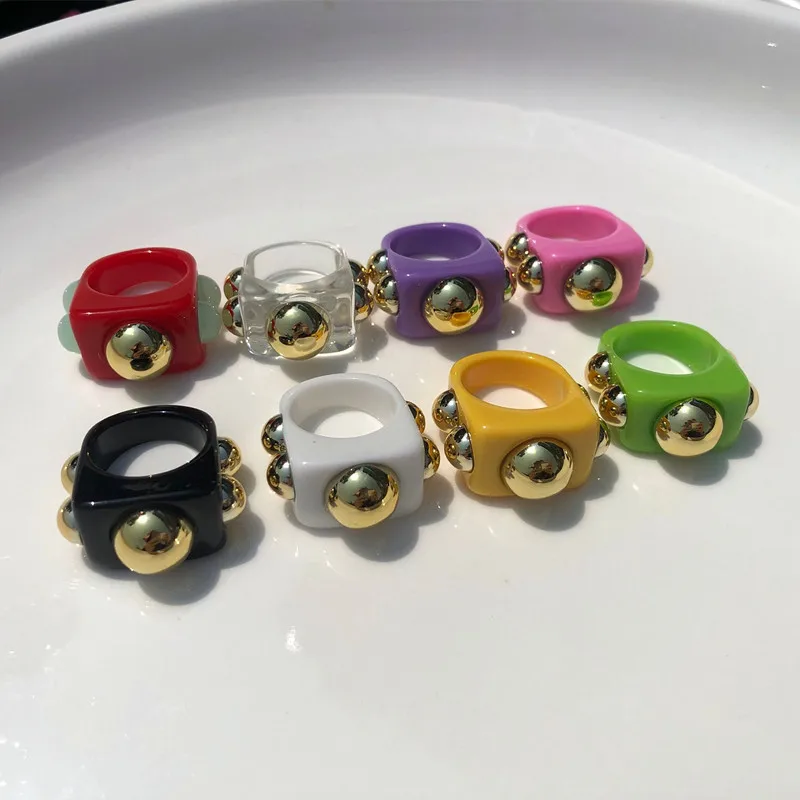 

Punk Geometric Big Resin Rings For Women Colorful Large Square Acrylic Golden Bead Ring Female Party Aesthetic Jewelry