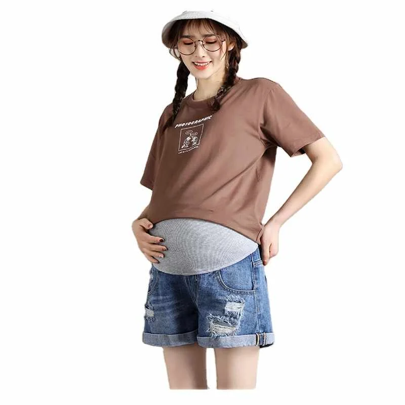 

Summer Maternity Denim Shorts Pregnant Straight Cut Women Pregnancy Jean Short Adjustable waist Maternity Clothing