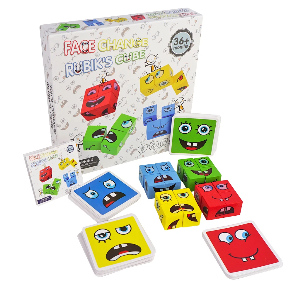 

Cartoon Wooden Face Changing Cube Magic Building Blocks Game Montessori Toys 3D Puzzle Cube For Children