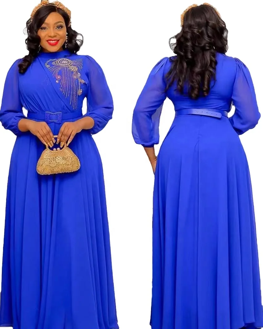 

2021 African Spring and summer dress with belt chiffon Muslim women's dress large size swing skirt