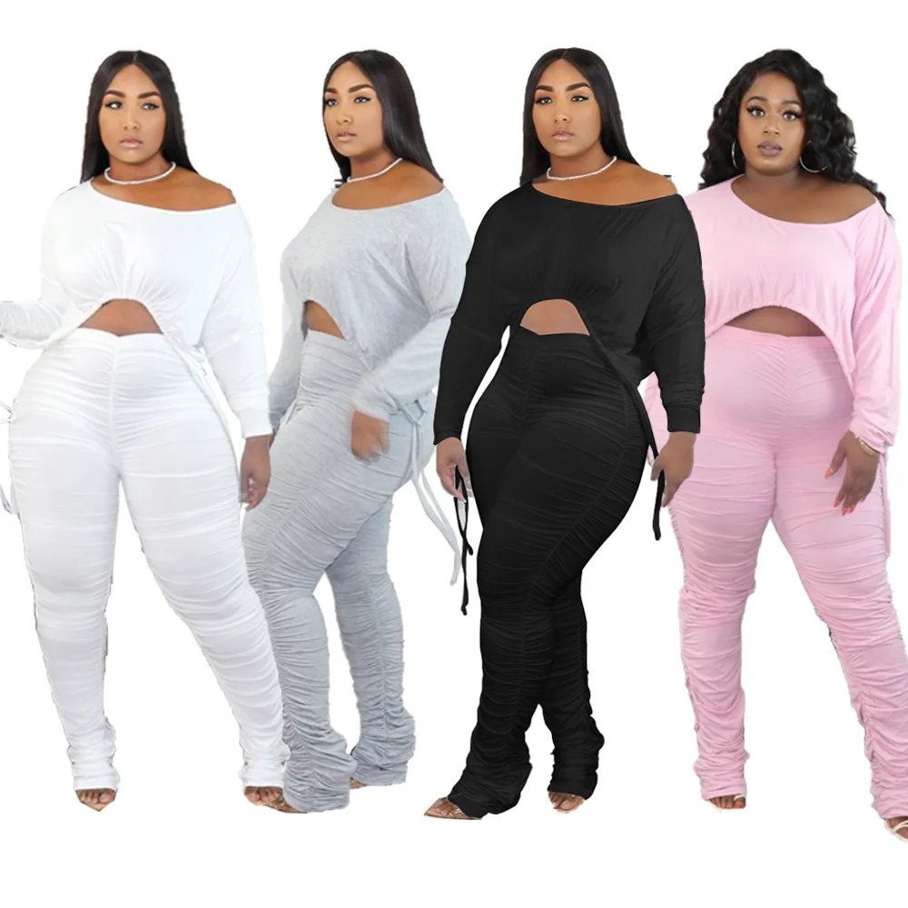 

Fall Clothing For Women Off Shoulder Long Sleeve Two Piece Set Stacked Pants Set