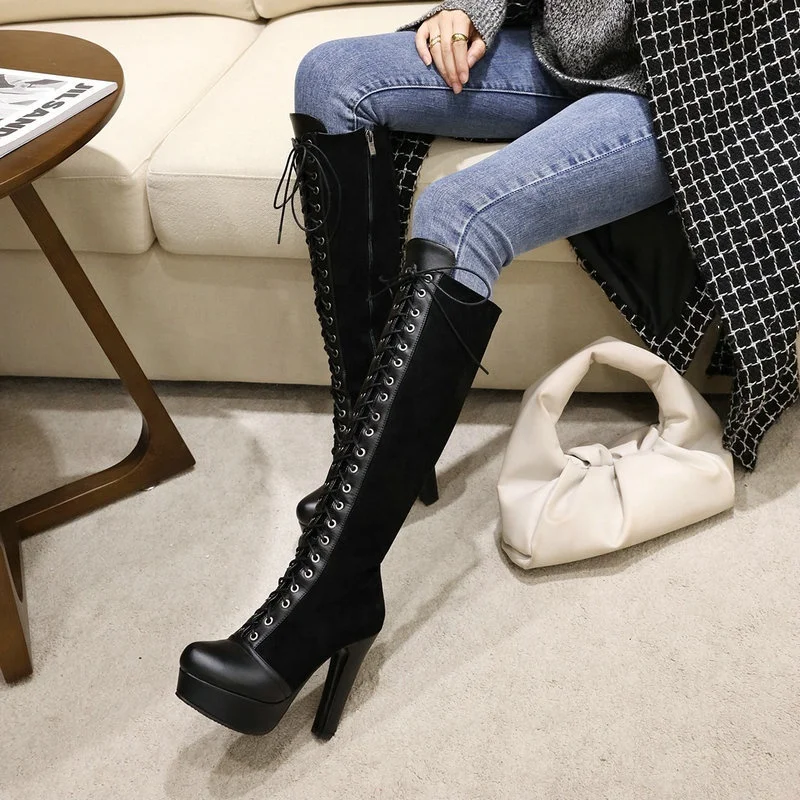 

Foreign trade new style women's lace high heels waterproof retro but boots 40-43 size can be customized women's boots