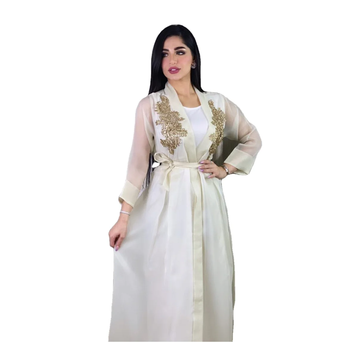 

Modern islamic clothing embroidered two-piece cardigan muslim open abaya, Beige