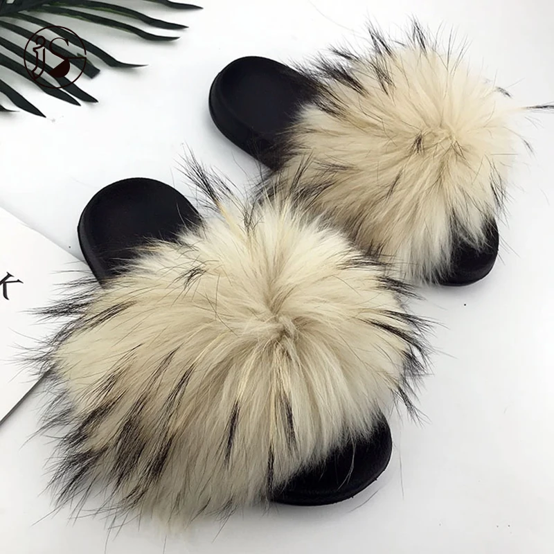 

2021 Hot Sales Various Styles furry sandals Exquisite real big raccoon fur slippers Plush fur slides for ladies, Picture