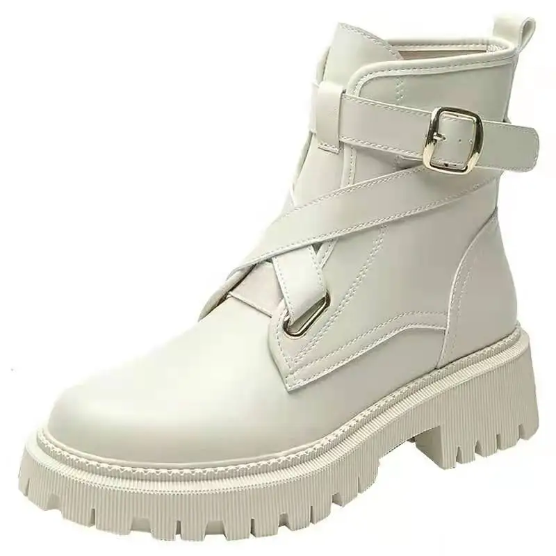 

2021 New Ladies Chelsea Boots Solid Color Round Toe Thick Sole Belt Buckle Women Ankle Boots
