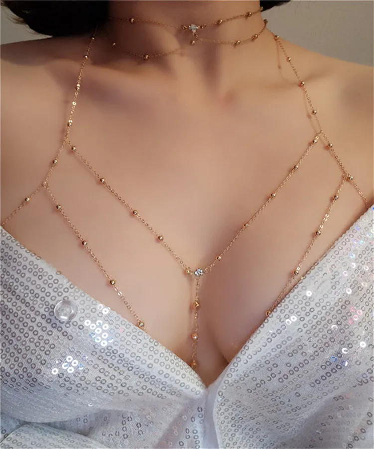 

NAKAMURA Summer Fashion Flashing Diamond Bikini Body Chain Sexy Breast Chain Jewelry Seaside holiday Accessories for bra, Golde,silver