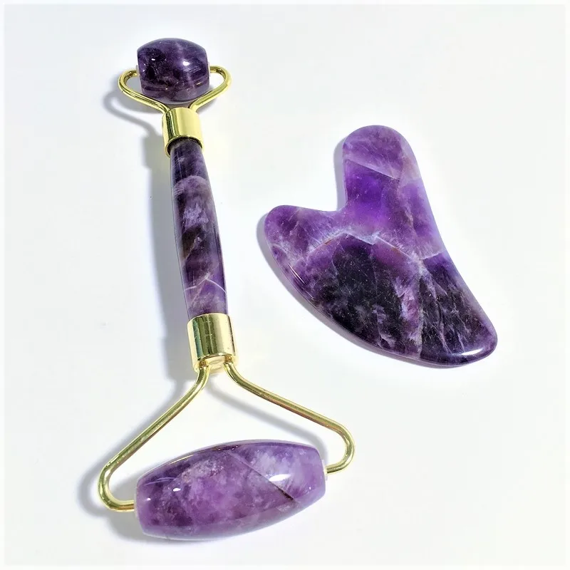 

100% real guasha board facial jade roller crystal amethyst set face beauty equipment, Purple roller gua sha set