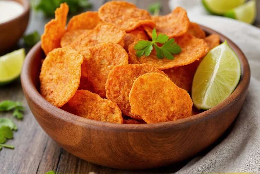 Close-up photography of Trader Joe's chili lime chips arranged in a rustic wooden bowl with fresh lime wedges and cilantro garnish