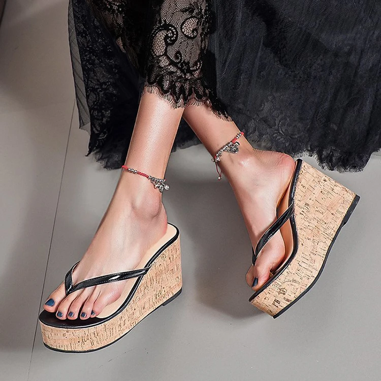 

Fancy Trending High Quality Custom Logo Buckle Wedge Platform Flip Flops And Sandals For Women And Ladies, Black, silver, gold