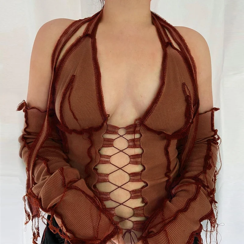 

Backless Halter Ribbed Tie Front Top Women Long Sleeve Hollow Out Lace Up T Shirts Patchwork Sexy Hot Bodycon Crop Top, Shown