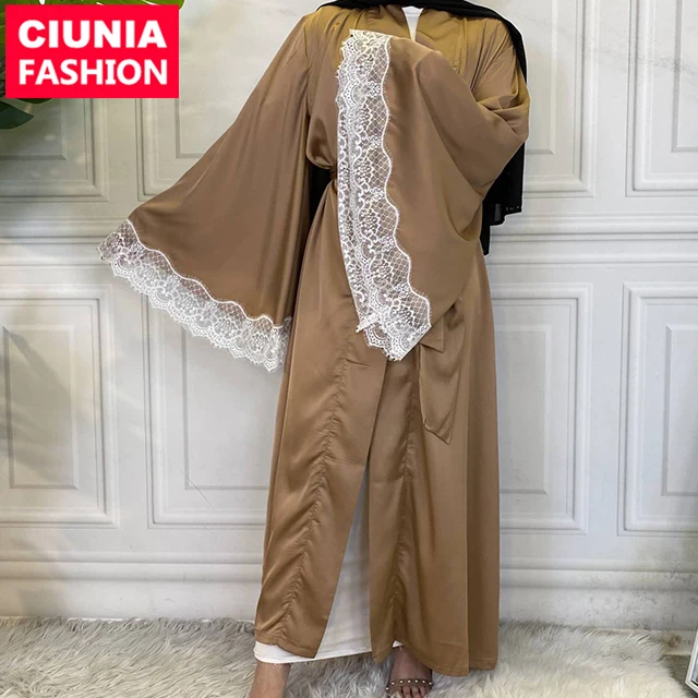 

1872# New style satin abaya islamic kimono with lace big bell sleeves women islamic clothing