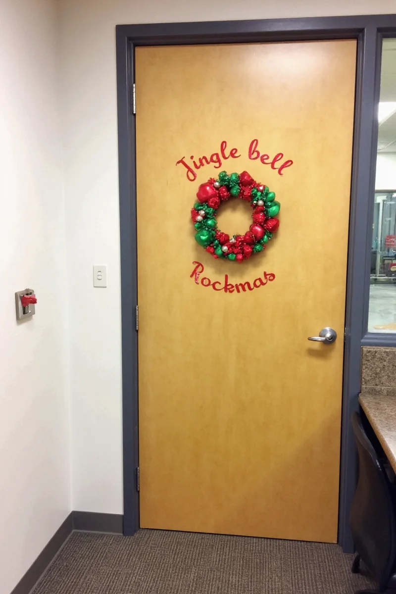 Team Working Together on Christmas Door Decoration