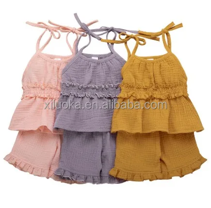 

High Quality Fashion Cute Girl Clothes Solid Color Muslin Cloths Sleeveless Girl Suit, Picture