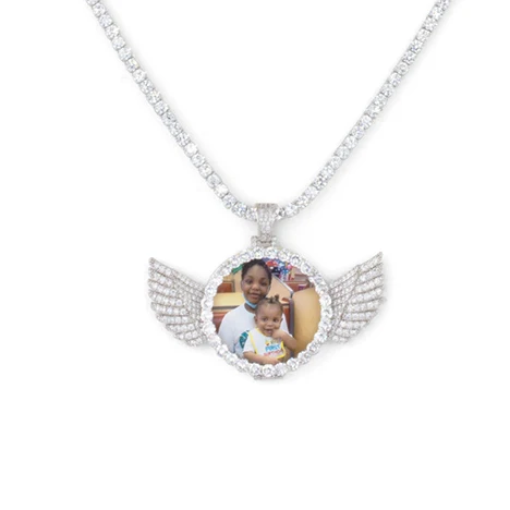 

Custom Hip hop Jewelry Made pendant 4mm Tennis Chain Cubic Zircon Men's wings Medallions Photo Necklace