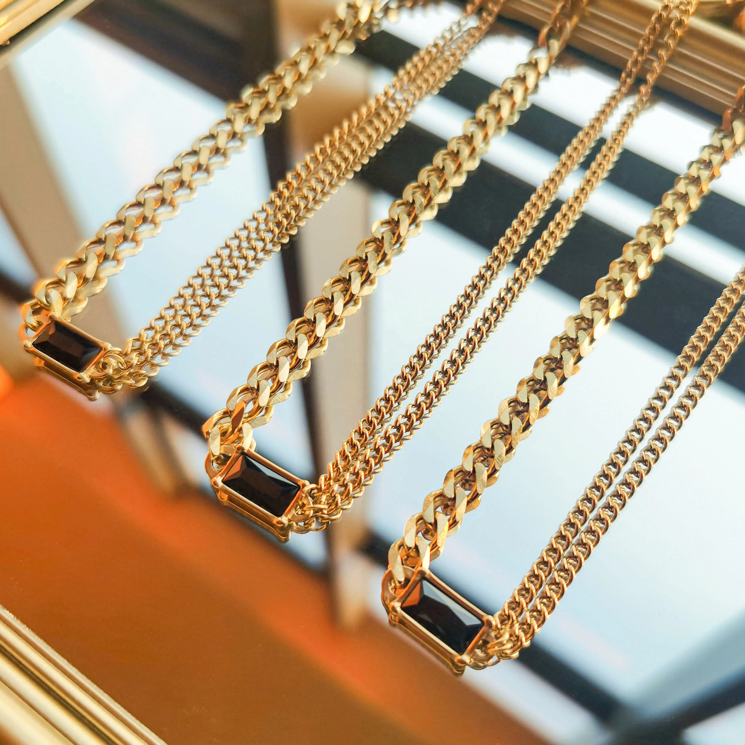 

Wholesale 18k Gold Plated Stainless Steel Zircon Necklaces Double Layer Cuban Chain Necklace For Women