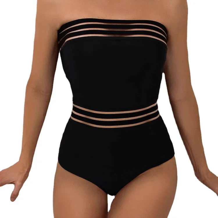 

2021 The Latest Version Fashion Summer Sexy Contrast Mesh Bandeau One Piece Swimsuit, Picture color,customize