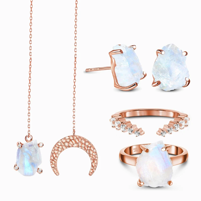

Milliedition Elegant Moon Star Shaped MoonsStone Gold Plated Moonstone Earrings Necklace Ring jewelry Set, Picture shows