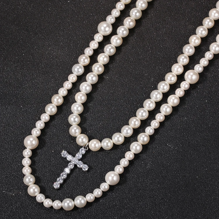 

Hot selling layered pearl necklace 8-10mm bead mix hip hop cross pendant pearl necklace