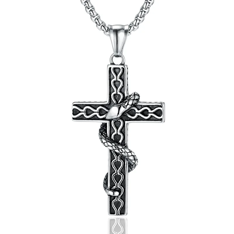 New religious jewelry stainless steel men's winding snake cross necklace