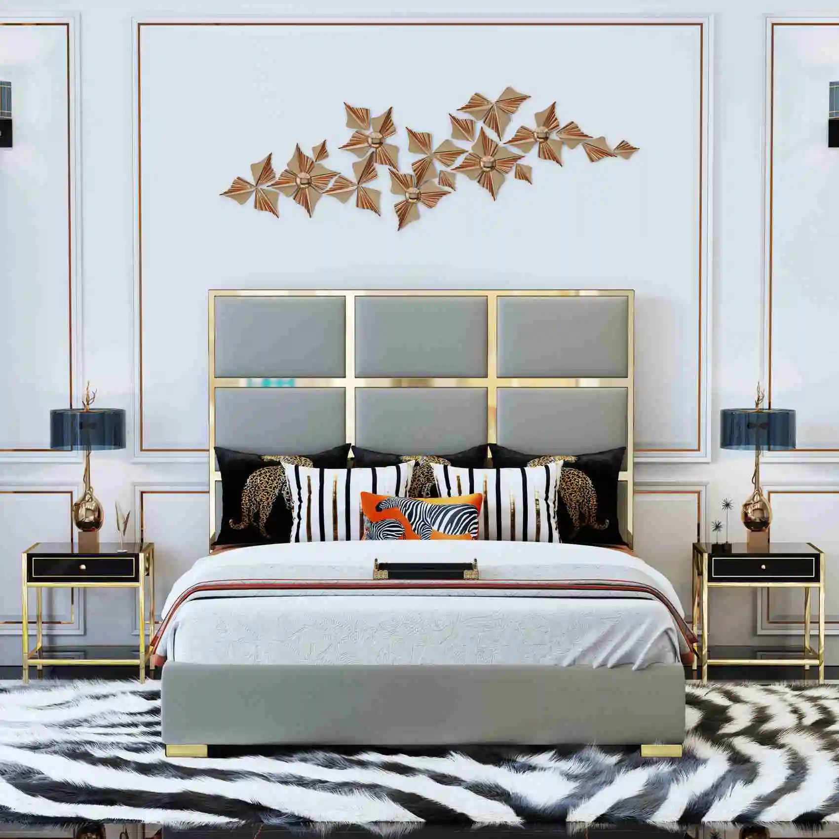 

modern luxury bedroom furniture upholstered real leather italian bed, Grey
