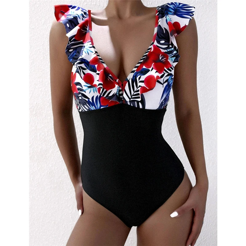

Ruffled Hem Bikini Set Women Flora V-Neck High-Waisted Two Piece Swimwear 2021 Girl Beach Bathing Suit Swimsuit Biquinis