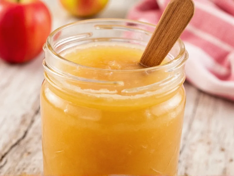 Homemade applesauce in mason jar with wooden spoon