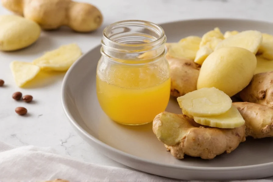Fresh ginger root sliced with lemon and tea cup for acid reflux remedy