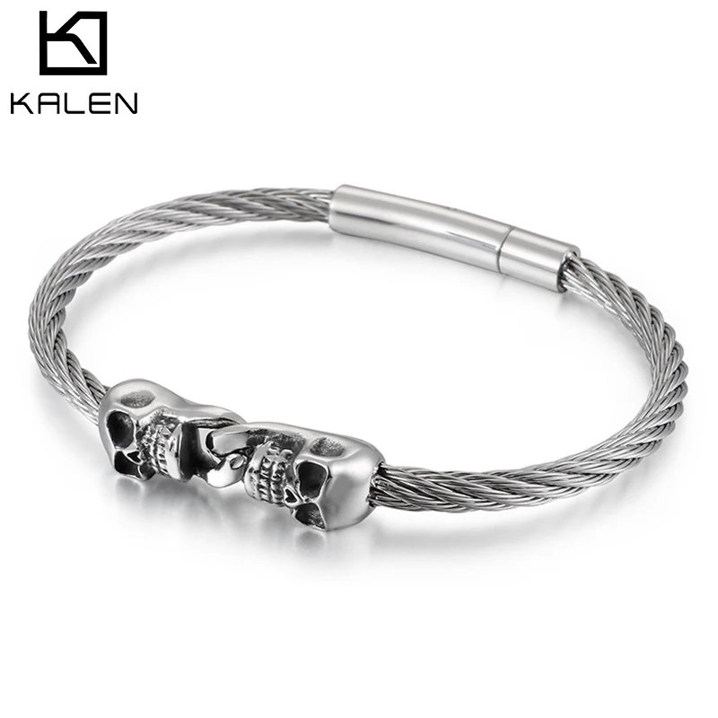 

KALEN Stainless Steel Silver Skull Charm Bracelets For Men