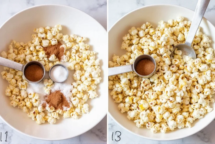 Step-by-step preparation of cinnamon sugar popcorn in a large white bowl with measuring spoons showing sugar and cinnamon mixture
