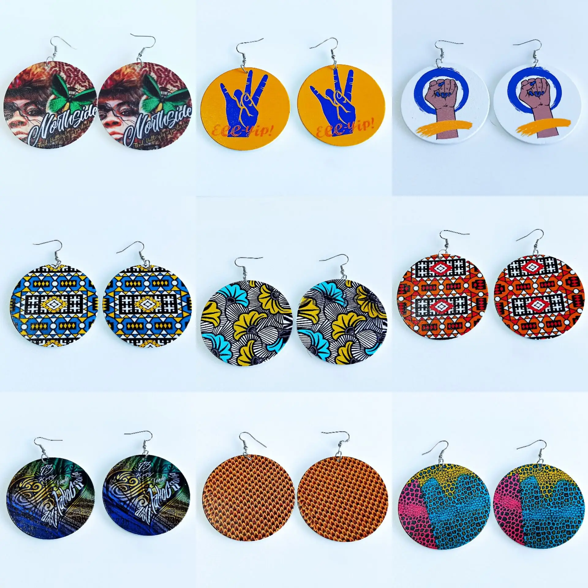 

DIY Mix Design Colorful Printing Wood Earring Bohemia Afro Round Wooden Earring For Girls