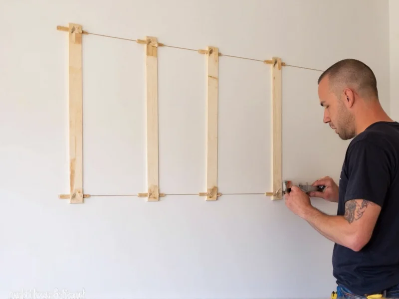 Carpenter marking wall studs for DIY bookshelf installation