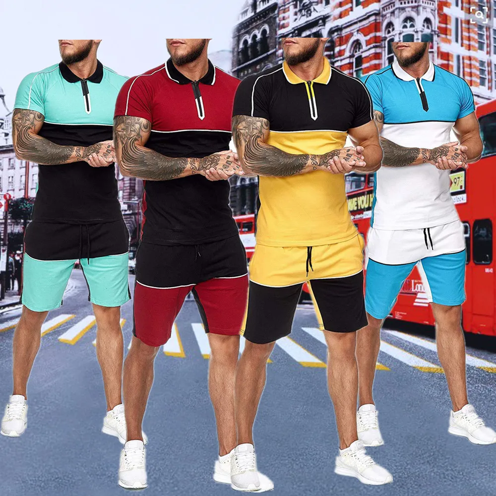 

LX1361 ummer patchwork short joggers tracksuit suits two piece shirt and shorts sets for men shorts plus size sweaters