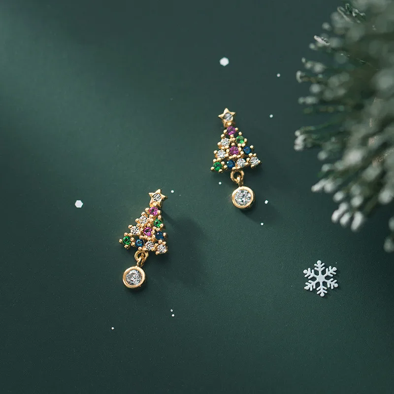 Fashion Jewelry 925 Sterling Silver Christmas Tree Star Colorful Diamond Gold Plated Stud Earrings Women Christmas Gifts