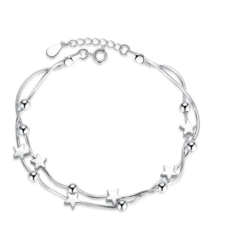 

925 Stamp Sterling Silver Jewelry High Quality Fashion 7BEADS Woman Bracelet Retro Square Simple Bracelets Length 20cm
